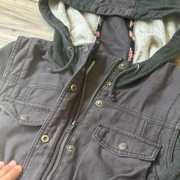 Free People Black Hooded Mixed Media Layered Slub Utility Jacket Size Small - Picture 7 of 11